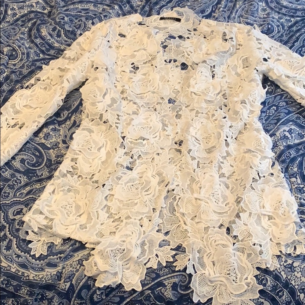 Pure white lace rose design long sleeve cover up
